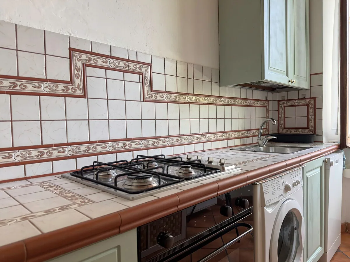 Piano cottura a gas, forno e lavatrice nella cucina